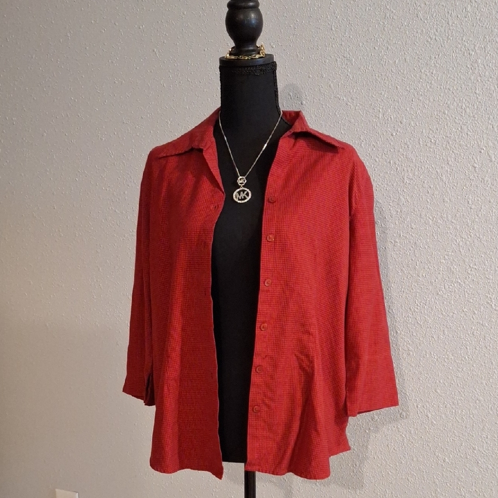 Red Button-Up Shirt with Necklace